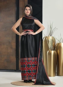 Women Palestinian Embroidered Satin Dress Traditional Sleeveless with scarf - Picture 1 of 10