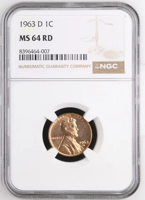 1963-D 1C Red Lincoln Cent, Type 3 Memorial Reverse NGC Certified MS 64 RD - Image 1 of 2