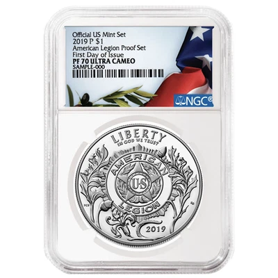 2019-P Proof $1 American Legion 100th Ann NGC PF70UC FDI Flag Label - Image 1 of 2