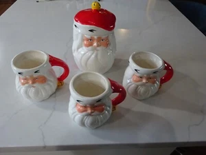 5 pc Vintage Classic Santa Claus Cookie Jar w/Lid & Mugs Christmas Decor Pottery - Picture 1 of 14