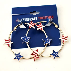 Red White Blue Star 4th of July Hoop Earrings Enamel American Flag USA 2" NWT - Picture 1 of 4