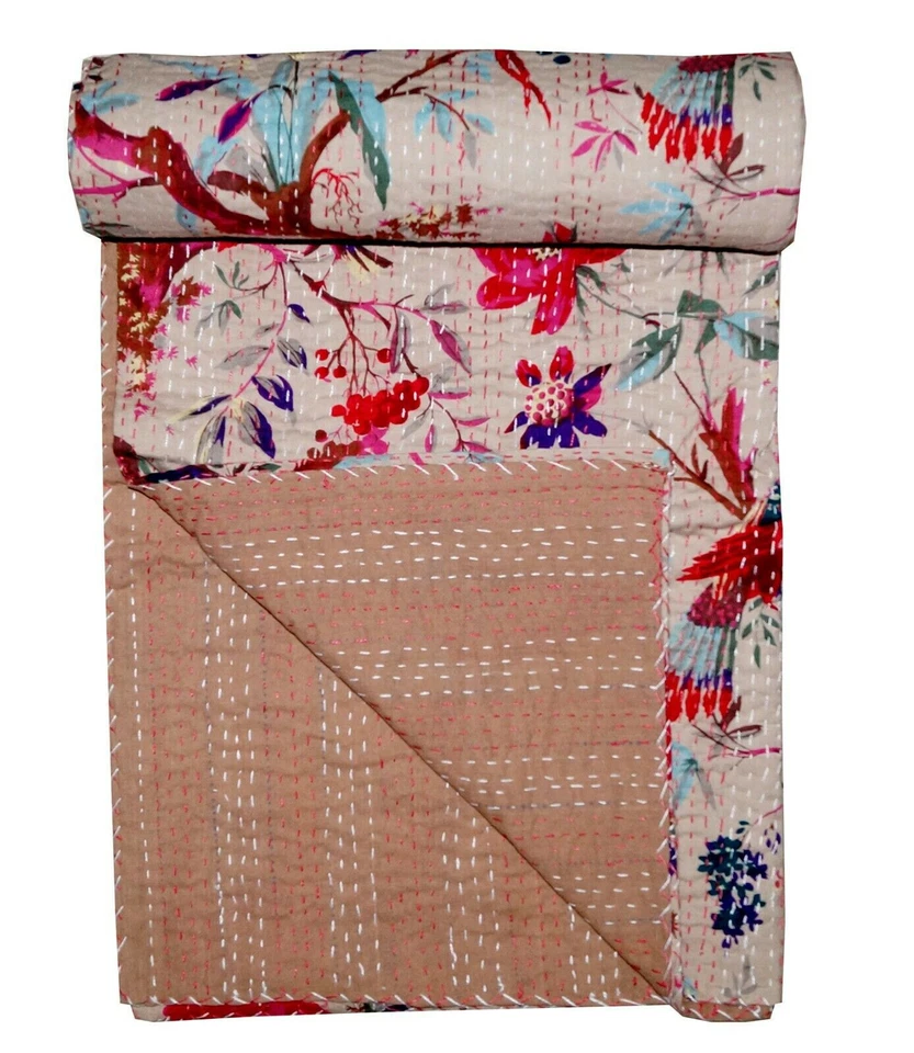 Indian Handmade Cotton Bird Print Kantha Quilt Throw Reversible Blanket - Image 1 of 1