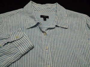 Camisa para mujer Talbots PM pequeña manga larga frontal con botones azul a rayas lino - Imagen 1 de 7