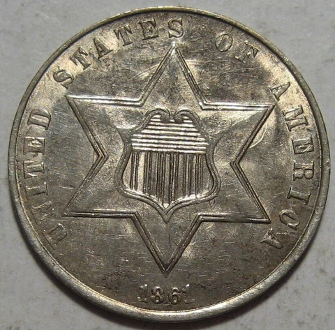 = 1861 BU+ THREE Cent Piece Silver, w/ CLASH MARKS, CIVIL WAR DATE FREE Shipping Cover