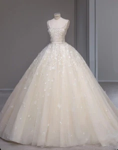 Wedding Dress Ball Gown For Bride Lace Square Neckline With Long-Open Back - Picture 1 of 11