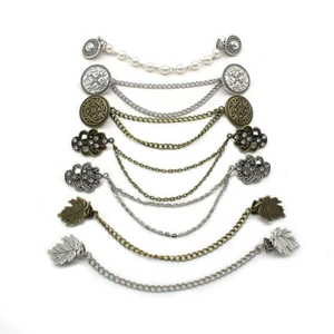Women Retro Cardigan Sweater Shawl Chain Clips Brooch Cloak Collar Clips Holder - Picture 1 of 16