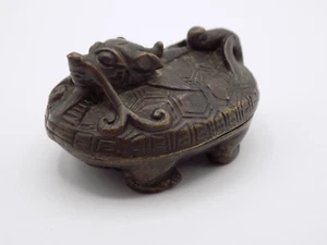 Antique Bronze Chinese Dragon Turtle Form Sealing Wax Box ~ Trinket Pill Box - Picture 1 of 14