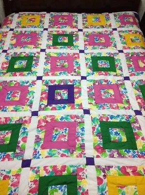 Floral Square In A Square Queen Handmade Quilt & Matching Accent Pillow - Image 1 of 4