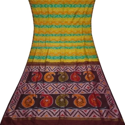 Vintage Multicolor 100% Silk Handwoven Ikat Sari Remnant 5YD Craft Fabric Scrap - Image 1 of 4