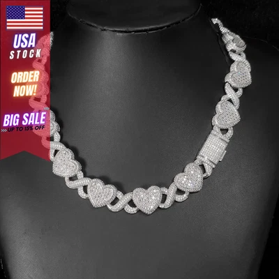 Gargantilla de eslabones cubanos enchapados en oro blanco de 15 mm con corazón de circón cúbico regalo nueva Foto 1 de 4