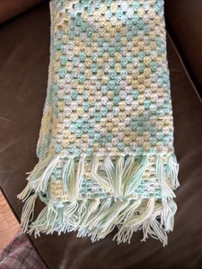 Handmade Crochet Baby Afghan Pastel Green White Yellow Fringe 44”x34” - Picture 1 of 7