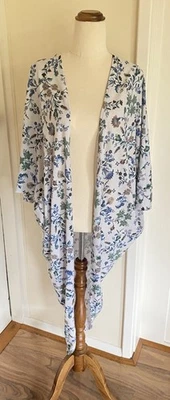 Boho Bird Cardigan Size 14 White Blue Floral Long Line Birds Nest Lightweight - Image 1 of 4
