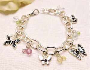 VINTAGE BUTTERFLY AND ACRYLIC BEAD SILVER TONE CHARM BRACELET - Picture 1 of 4