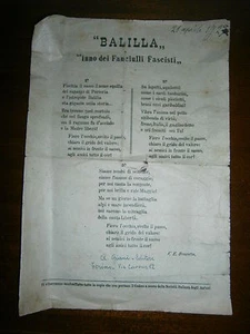 1923 " BALILLA " " INNO DEI FANCIULLI FASCISTI " - Picture 1 of 1