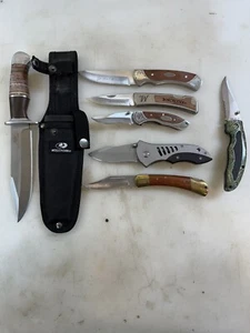 LOT OF 7 KNIVES USED 3 WINCHESTER 2 UNKNOWN 1 FROST CUTLERY 1 MOSSY OAK - Picture 1 of 6