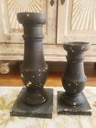PAIR (2) CHUNKY WOODEN PILLAR CANDLE HOLDERS Distressed Black Cream 14" & 10.5"