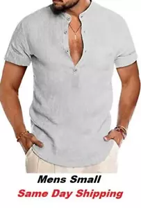 Men Cotton Linen Henley Casual Short Sleeve Hippie T Shirt Beach Yoga SMALL - Picture 1 of 5