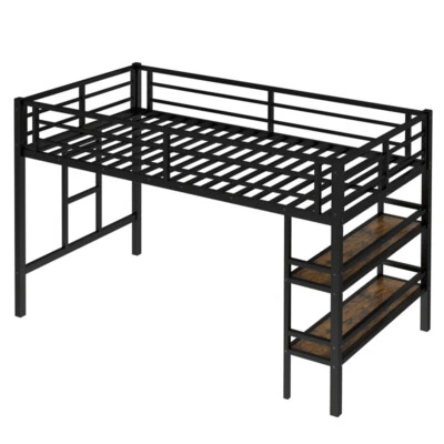 Twin Size Low Loft Metal Bed w/2-Tier Storage Shelfes & Ladder Kids Teens,Black - Image 1 of 4
