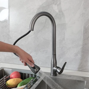 Kitchen Pull Out Swivel Spary Single Hole Mixer Faucet Deck Mount Basin Sink Tap - Picture 1 of 14