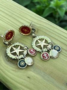 Robert Rose Navy Dangle Drop Gold Tone Red Whit Blue Clip On Metal Enamel Vtg - Picture 1 of 9