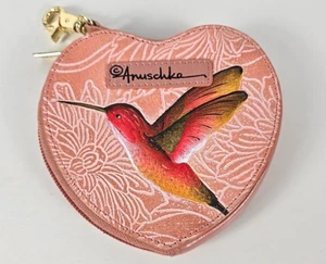 Anuschka Hand Painted Leather Heart Zip Tooled Hummingbird Peach Coin Wallet - Picture 1 of 3