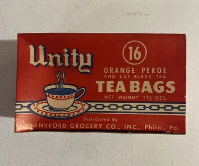 Vintage 1950s Box Of Unity Tea Orange Pekoe Frankford Grocery Philadelphia NOS - Image 1 of 4