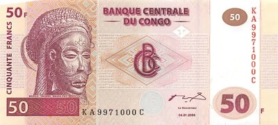 Congo  50  Francs  4.1.2000  P 91A  Series  KA-C  Uncirculated Banknote Mea6 - Image 1 of 2