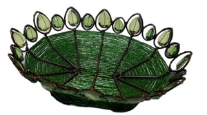Vintage Hand Made Metal Wire Beaded Fruit Bowl Basket Green Amber Glass Bead - Picture 1 of 2