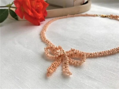 Colar de arco, colar gargantilha de bowknot com miçangas fairycore na cor pêssego. - Imagem 1 de 4