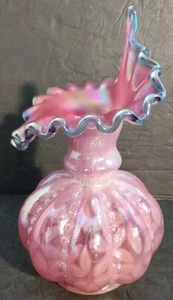 RARE! FENTON GLASS TEAL CREST PINK BEADED MELON JACK IN THE PULPIT VASE 681/3500 - Picture 1 of 17