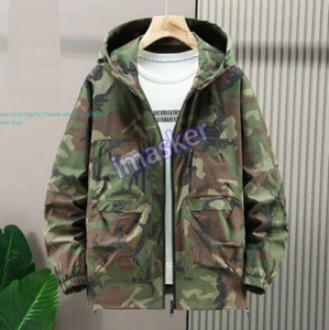Men's Camo Jacket Lightweight Cargo Coat Fat Man Hooded Jacket Casual Outerwear - Picture 1 of 26