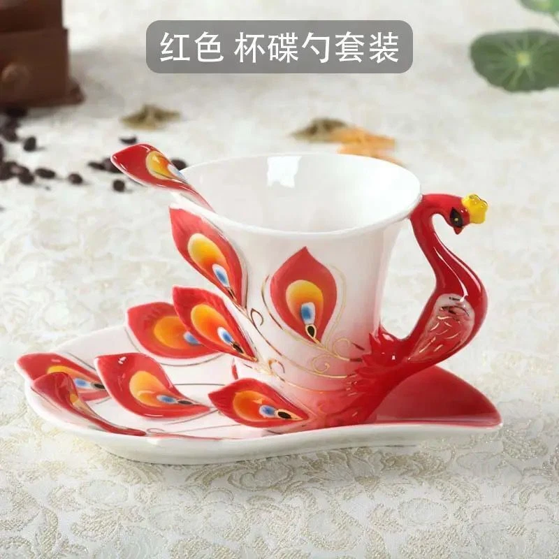 Juego de 1 taza de té de café pavo real de porcelana creativa plato cuchara taza decoración del hogar Foto 1 de 1