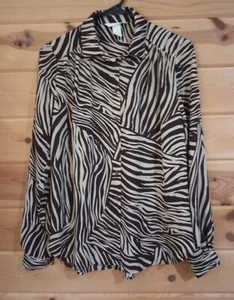H&M Brown & White Sexy Zebra Print Button up Long Sleeve Career Shirt Top size 4 - Picture 1 of 5