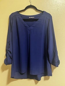 41 Hawthorn Women’s Royal Blue V-Neck Long / Tab Sleeve Chiffon Blouse Size L - Picture 1 of 8