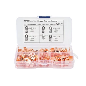 70PCS Open Barrel Wire Crimp Connector Copper Ring Lug Terminals Assortment Kit - Picture 1 of 7