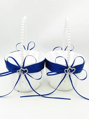 2 Piezas Cestas de Niña Flor de Satén Blanco con Mango de Perla Doble Corazón Estrás Foto 1 de 4