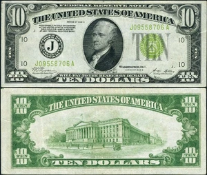 FR. 2002 J $10 1928-B Federal Reserve Note Kansas City J-A Block LGS XF - Tear - Picture 1 of 3