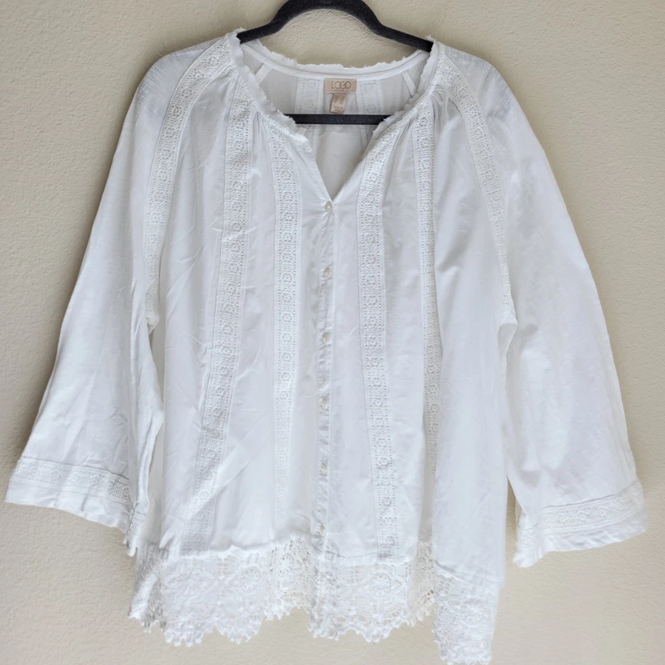 LOGO Lavish by Lori Goldstein Woven Button Front Top Women's 2X Ivory Lace Trim - Image 1 of 4