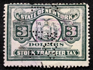 US Stamps Revenue $3 State of New York Stock Transfer Tax Stamp GRL20 - Picture 1 of 1