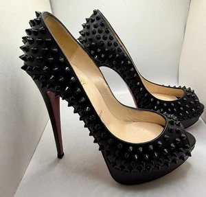 Christian Louboutin Black Leather Lady Peep Spike Pumps - Picture 1 of 11