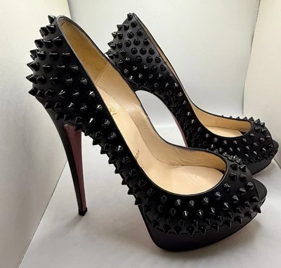 Christian Louboutin Black Leather Lady Peep Spike Pumps - Image 1 of 4