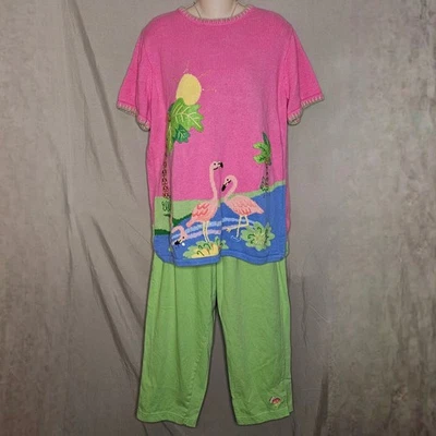 Vintage The Quacker Factory Flamingo Knit Set Tropical Top & Pants - Image 1 of 4