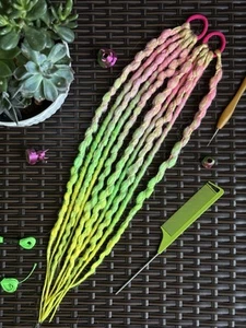 Handmade Braided Hair Ties Set of 2 – Pink Green Ombre Festival Dreads - Picture 1 of 7