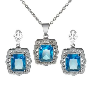Jewelry Set Square Ocean Blue Topaz Gemstone Silver Stud Earrings Necklaces - Picture 1 of 3