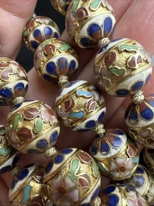 Vintage Chinese Cloisonne Enamel Flower Gold Tone Bead Necklace 32 inches - Picture 1 of 9