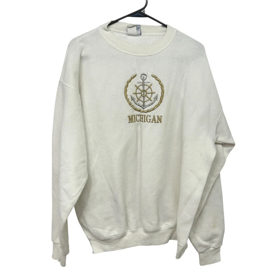 Sudadera Vintage Michigan Náutica Bordada Cuello Redondo L Crema Hecha en EE. UU. Retro Foto 1 de 4