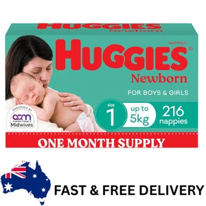 Huggies Newborn Nappies Size 1 (Up to 5Kg) 216 Count - One Month Supply (Pack... - Picture 1 of 10