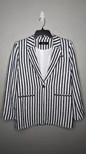 Zara Basic Womens Medium Gray White Striped One Button Oversized Linen Blazer - Picture 1 of 10