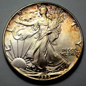 1988 American Silver Eagle $1 Dollar 1 oz 999 Silver UNC Coin Golden Nat.Toning. - Picture 1 of 3