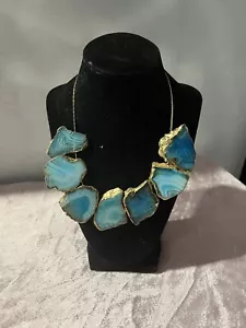 AquaBlue Agate Quartz Gold Leaf Trimmed Necklaces Pendant Healing Hippie Boho - Picture 1 of 6